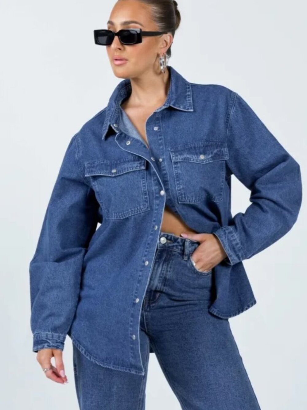 Princess Polly Tully Denim Snap Front Shacket Blue US 10 Large Oversized